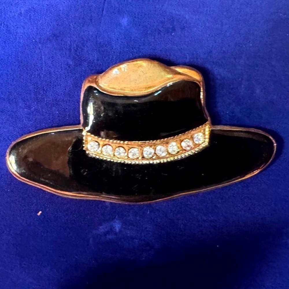Vintage Black Enamel Gold Tone Wide Brim Hat Brooch Rhinestone Band Pin